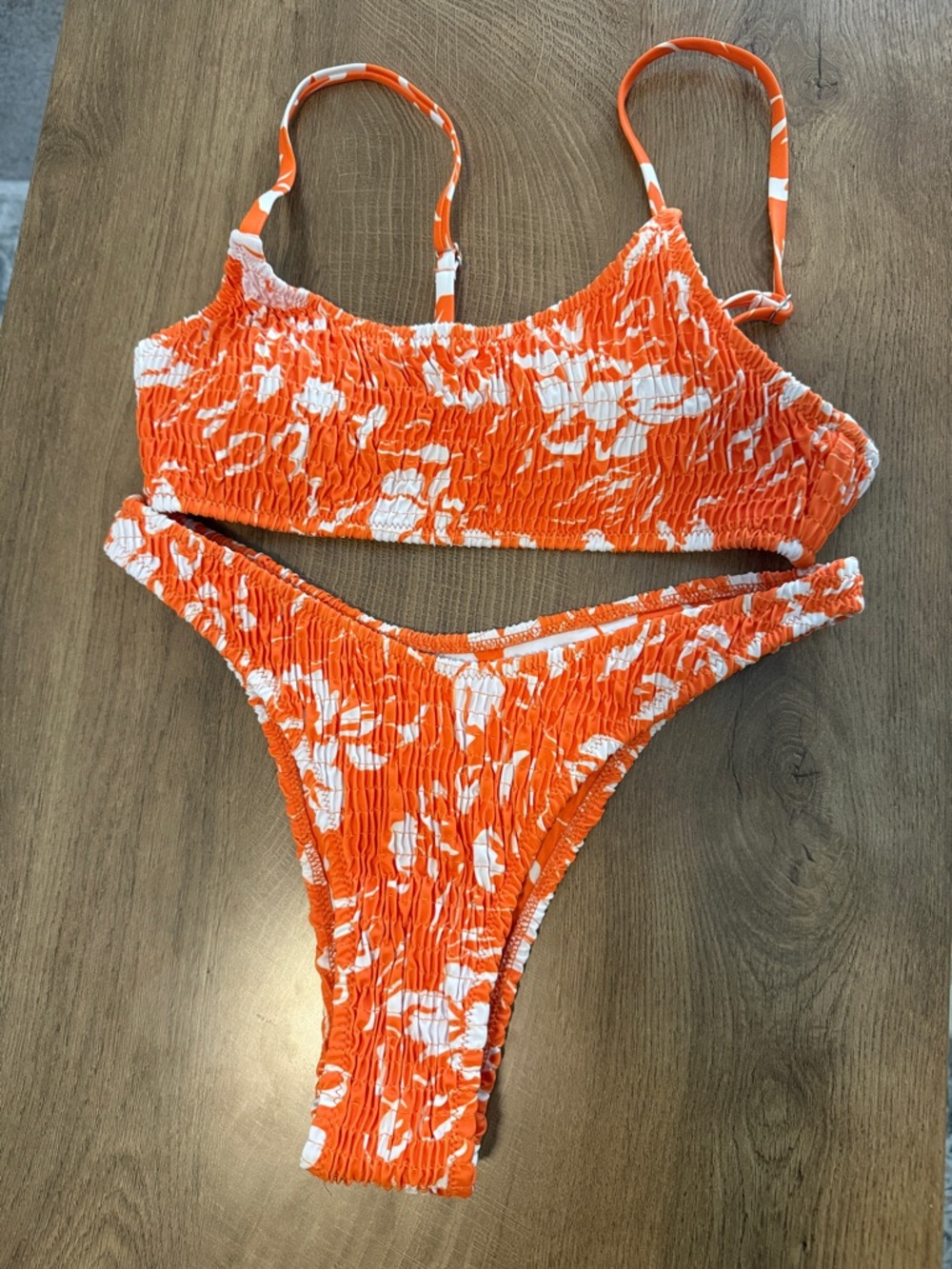 Orange & White Floral Smocked Bikini Set